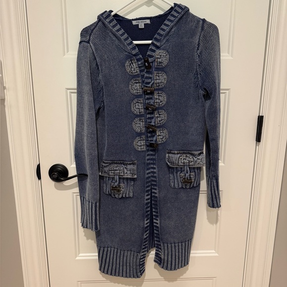Blue Hooded Knit Cardigan with Toggle Closures - Picture 1 of 5